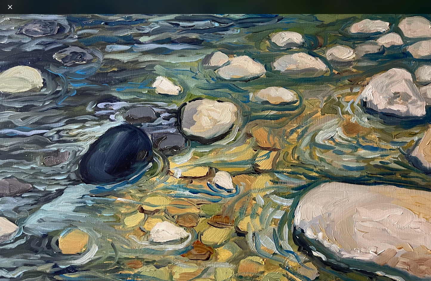 Plein air study of the Río de los Pinos with cool blue-green water, rocky banks, and soft spring foliage painted in loose, expressive brushstrokes.