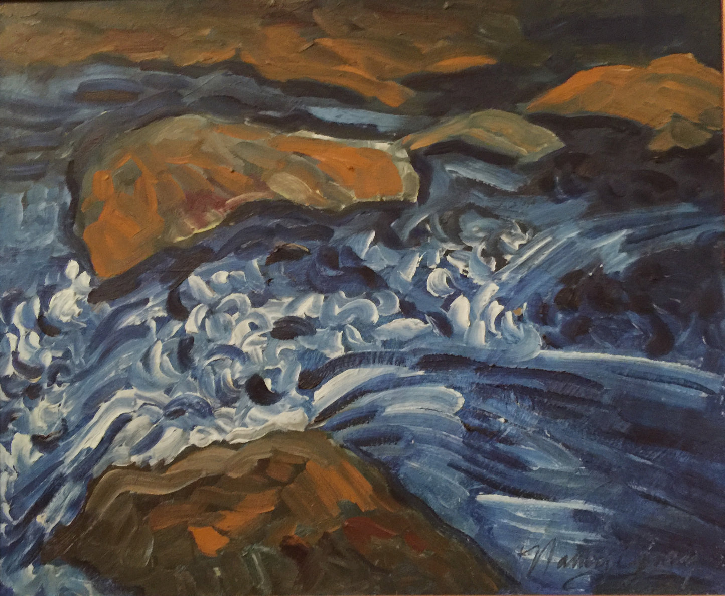 River Rocks by Nancy Gray, early oil painting on canvas, 18 × 24 inches. Expressive mountain stream with swirling blue water, white foam, and warm brown river rocks painted in an impressionistic style.