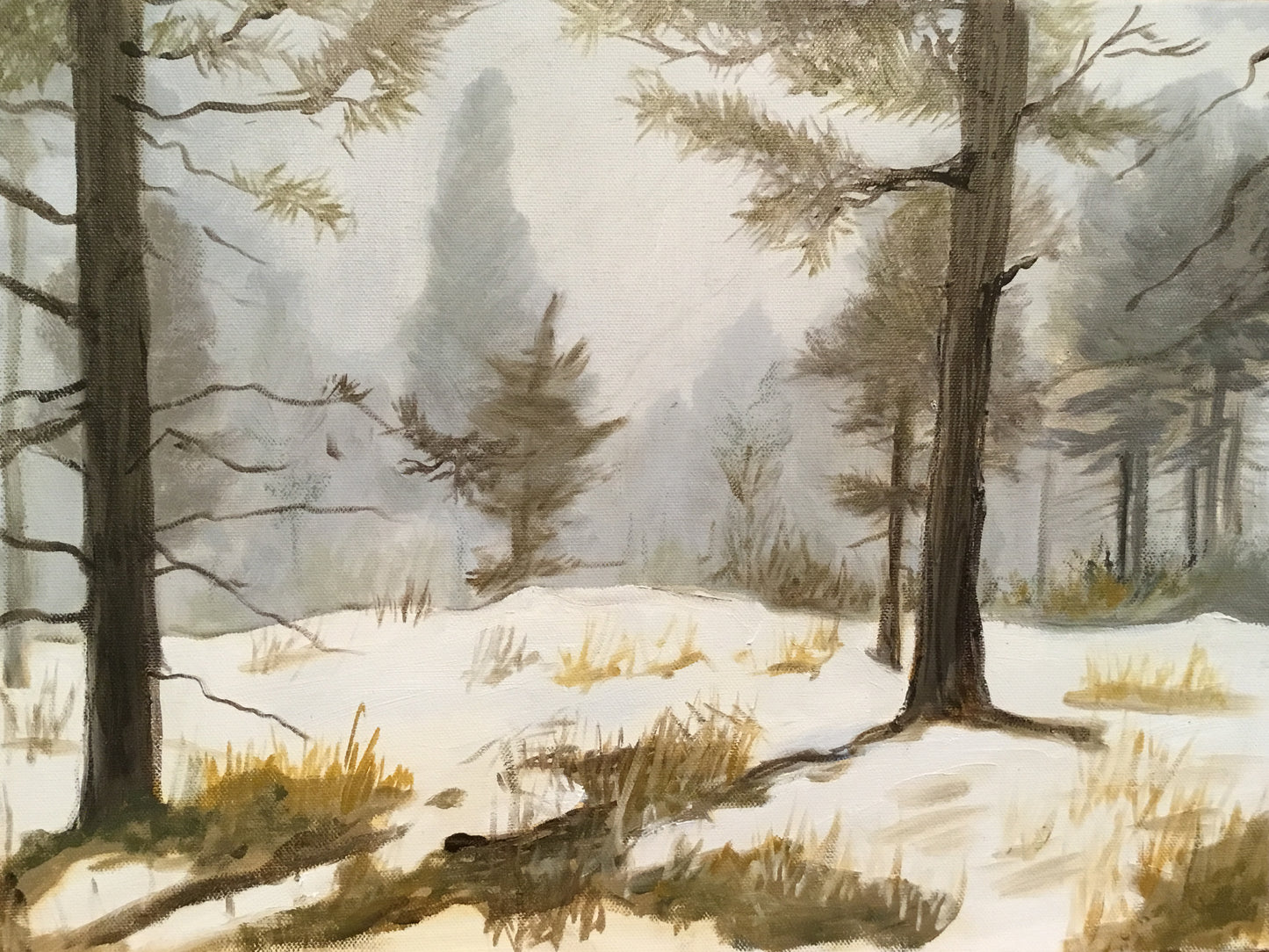 Winter Storm While Camping in the Carson National Forest by Nancy Gray, plein air oil painting of snow-covered pine trees fading into a soft winter storm with muted gray skies and pale golden grasses.