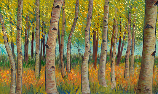 Aspen Grove — impressionistic oil painting by Nancy Gray depicting sunlit white aspen trunks rising through golden-green foliage and warm autumn grasses in a Northern New Mexico forest, 56½ × 34 inches.