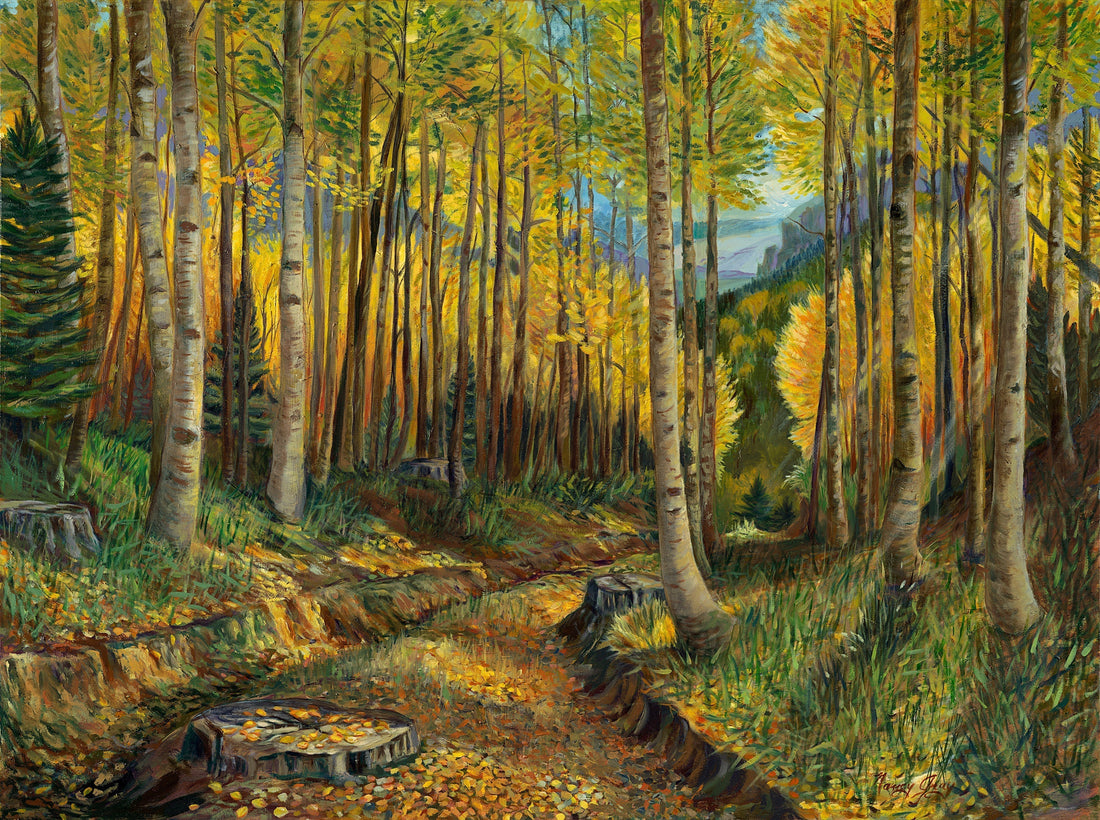 Aspen Trail in the Carson National Forest — oil painting by Nancy Gray depicting aspens and conifers patterning hillsides in gold and green under a crystalline autumn sky, 36 × 48 inches.