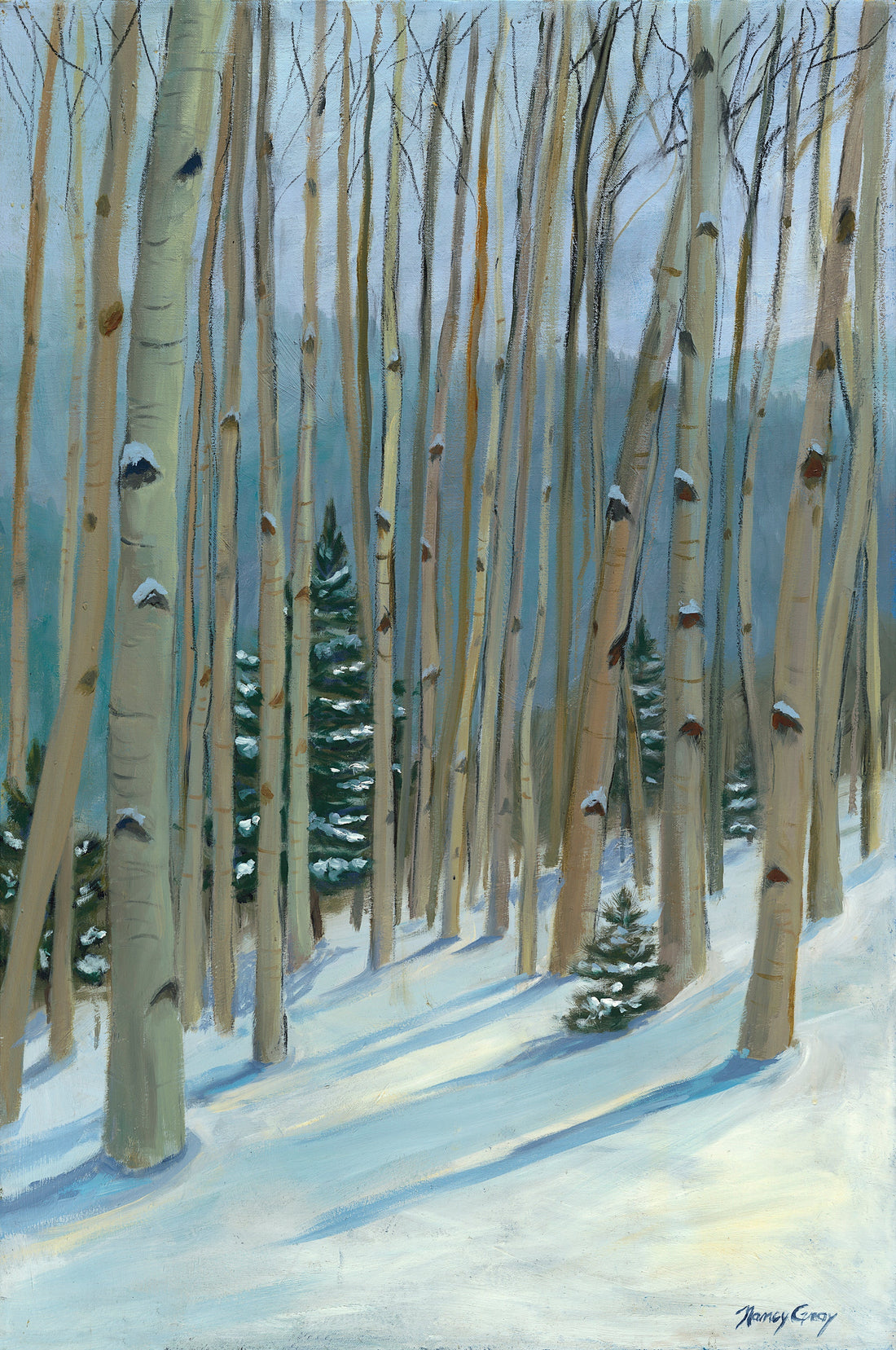 Aspen Trail in Winter — impressionistic oil on linen by Nancy Gray depicting snow-covered aspen trees along the Aspen Vista Trail in the Sangre de Cristo Mountains, 24 × 36 inches.