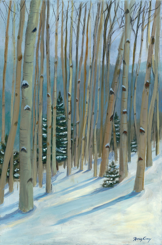 Aspen Trail in Winter — impressionistic oil on linen by Nancy Gray depicting snow-covered aspen trees along the Aspen Vista Trail in the Sangre de Cristo Mountains, 24 × 36 inches.