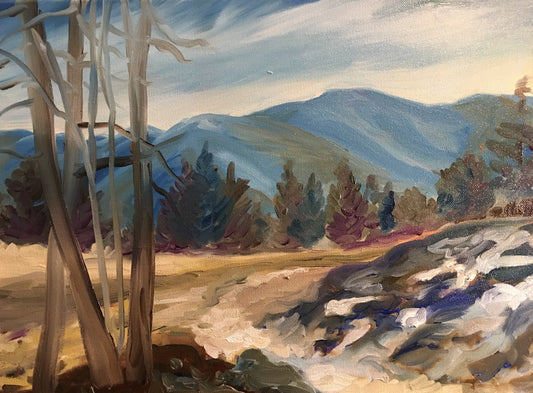 Snow-covered trail through granite cliffs and pine trees in the Carson National Forest — oil on canvas by Nancy Gray.