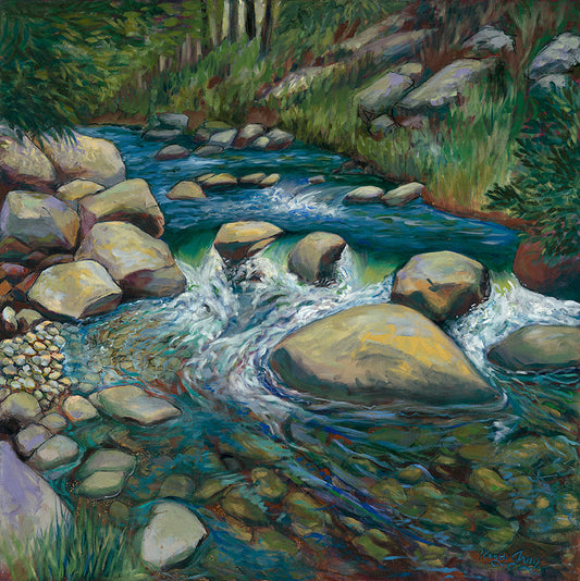 Jemez River — impressionistic oil on canvas by Nancy Gray, depicting sunlight across submerged stones and flowing water in the high mountain landscape of northern New Mexico"