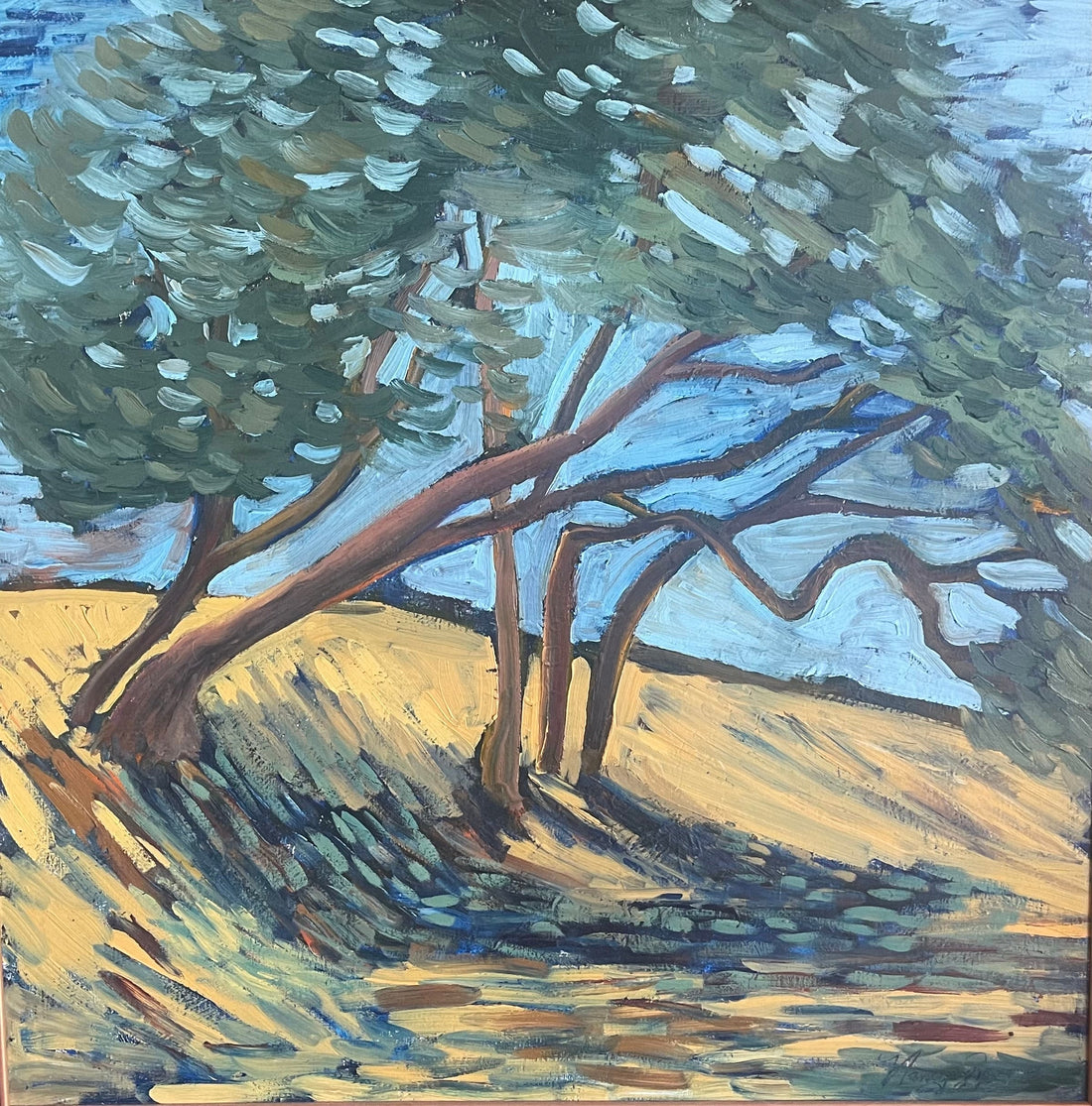 Leaning Trees — oil painting by Nancy Gray depicting wind-shaped trees arcing over sunlit Texas Hill Country terrain, rendered in bold expressive brushwork, 40 × 40 inches.