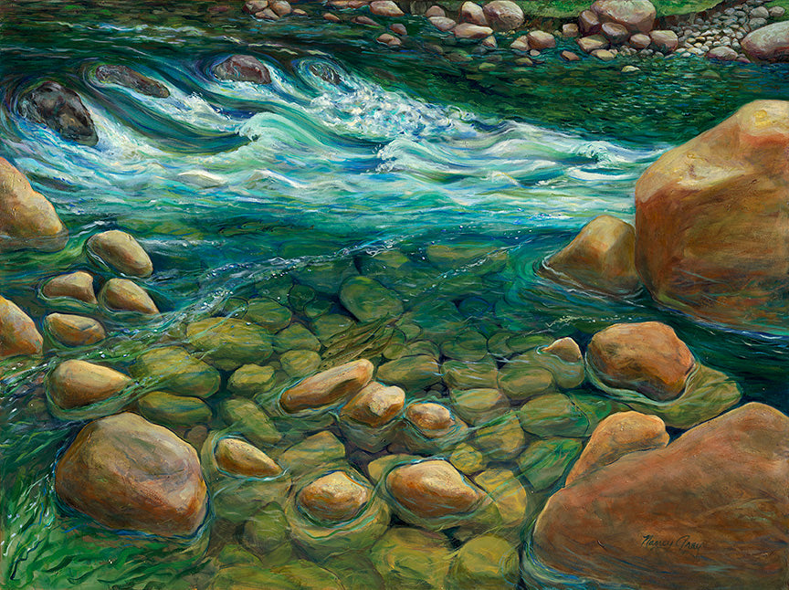 Mountain Stream Crossing — oil painting by Nancy Gray depicting clear mountain water flowing over smooth river rocks and sunlit boulders in rhythmic white currents, 36 × 48 inches.