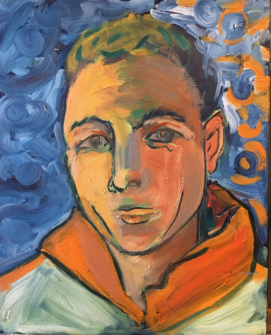 Pensive — expressionistic oil painting by Nancy Gray depicting a contemplative figure surrounded by swirling blues with warm orange and earth tones, rendered in bold confident brushstrokes, 18 × 20 inches.