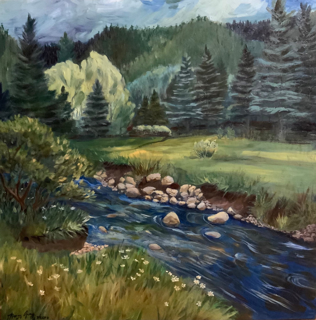 Pueblo Rio near Sipapu, New Mexico — oil painting by Nancy Gray depicting a stream winding through rock and aspen with sunlit flashes on the water, rendered in rich earth tones, 34 × 34 inches.