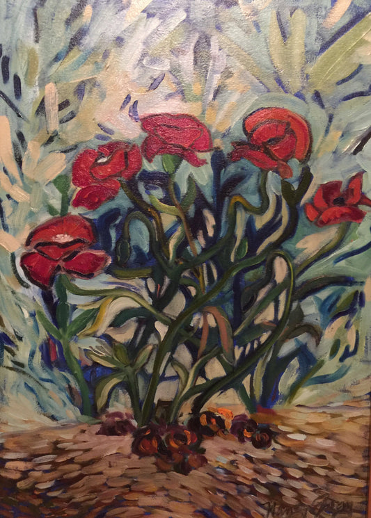 Red Poppies — impressionistic oil painting by Nancy Gray featuring bold crimson blooms against sweeping blue and green brushwork, 18 × 24 inches.