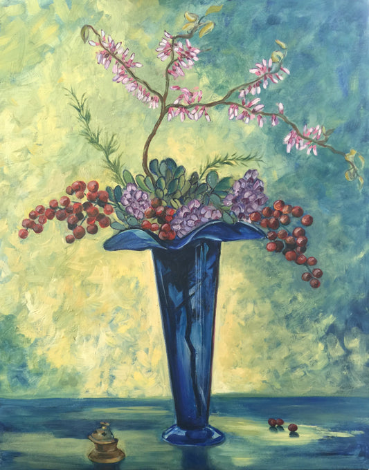 Texas Redbud and Mountain Laurel — oil painting by Nancy Gray depicting delicate redbud branches and mountain laurel clusters in a deep cobalt vessel, 24 × 36 inches, Texas Period.
