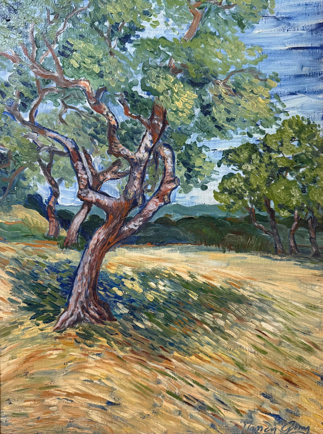 Tree by the House — oil painting by Nancy Gray depicting a single tree standing beside a structure, rendered in warm layered brushwork, 18 × 24 inches.