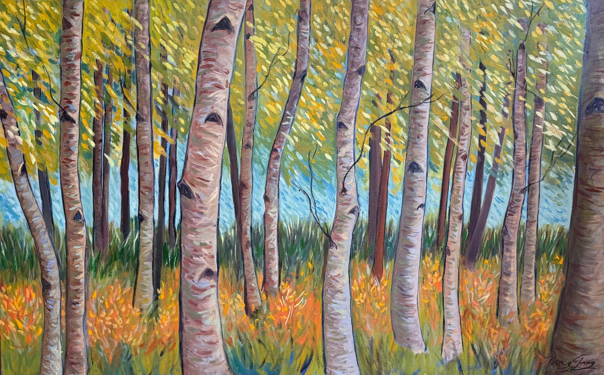 Aspen Grove by Nancy Gray, oil on canvas, 56 ½ × 34 inches. Impressionistic painting of tall white aspen trees with golden-green leaves and warm autumn grasses glowing beneath soft mountain light.