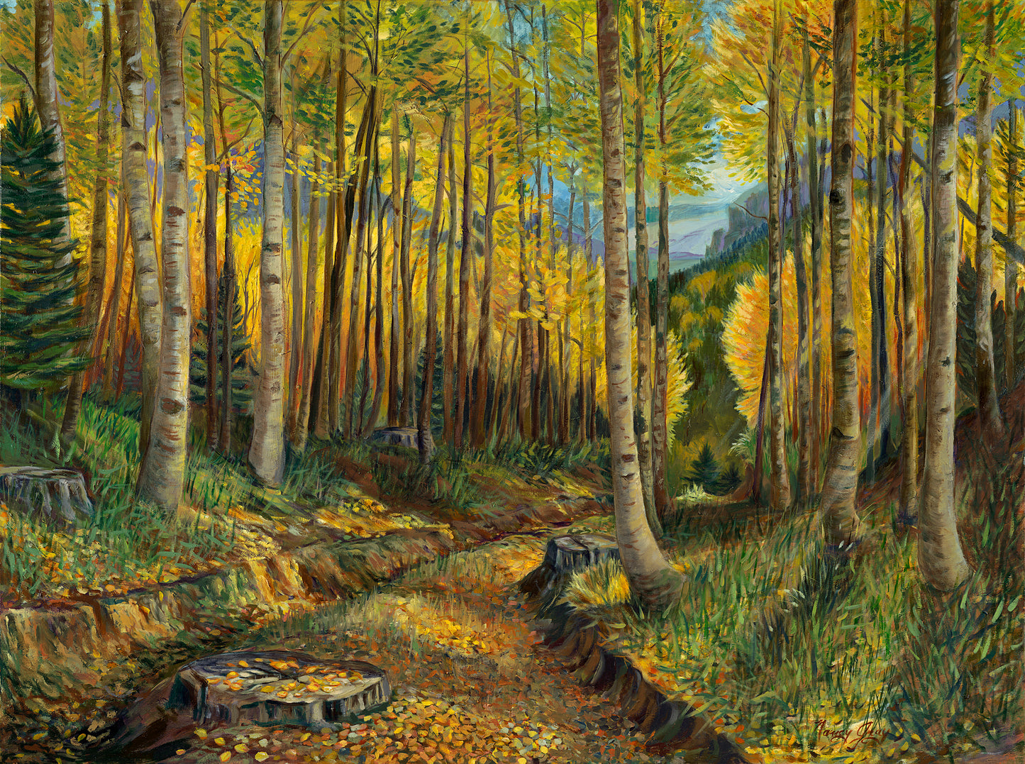 Autumn aspen forest with sunlit trail in the Carson National Forest — oil on canvas by Nancy Gray.