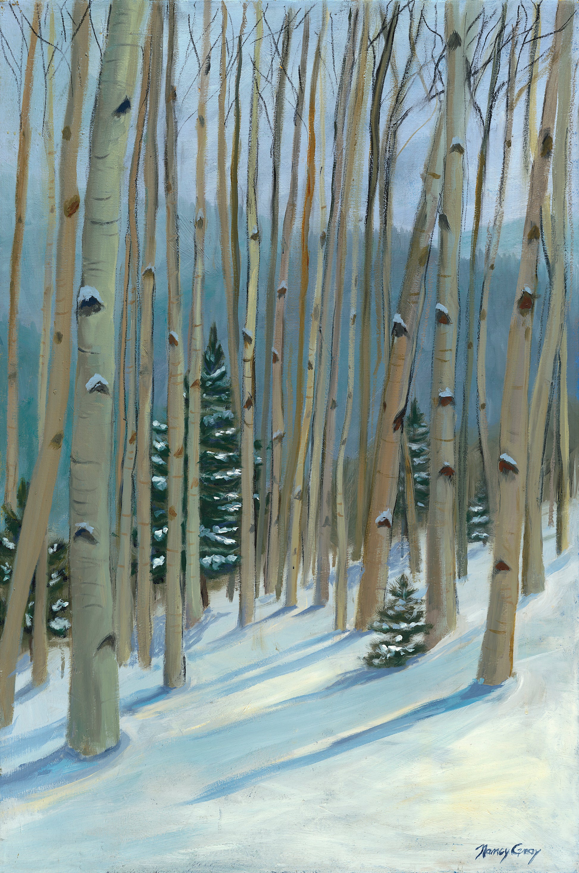Winter landscape painting of pale aspens rising from fresh snow along the Aspen Vista Trail in the Sangre de Cristo Mountains, rendered in soft blues and warm neutrals. Original work by Nancy Gray,.