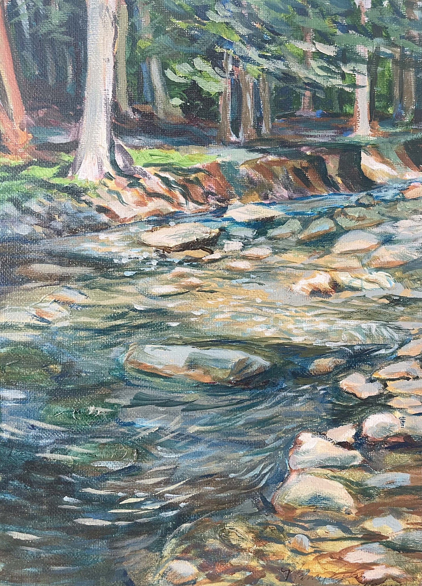 Oil painting of a forest creek with clear, shallow water flowing over smooth stones, surrounded by tall trees and dappled sunlight filtering through the leaves.