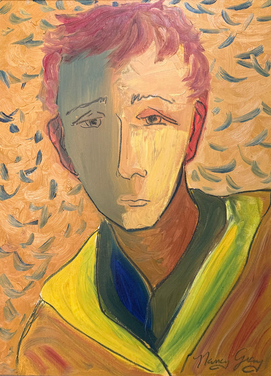 Expressionistic oil portrait of a figure with pink hair and stylized facial features, painted with bold brushstrokes and warm peach, yellow, green, and blue tones against a textured abstract background.