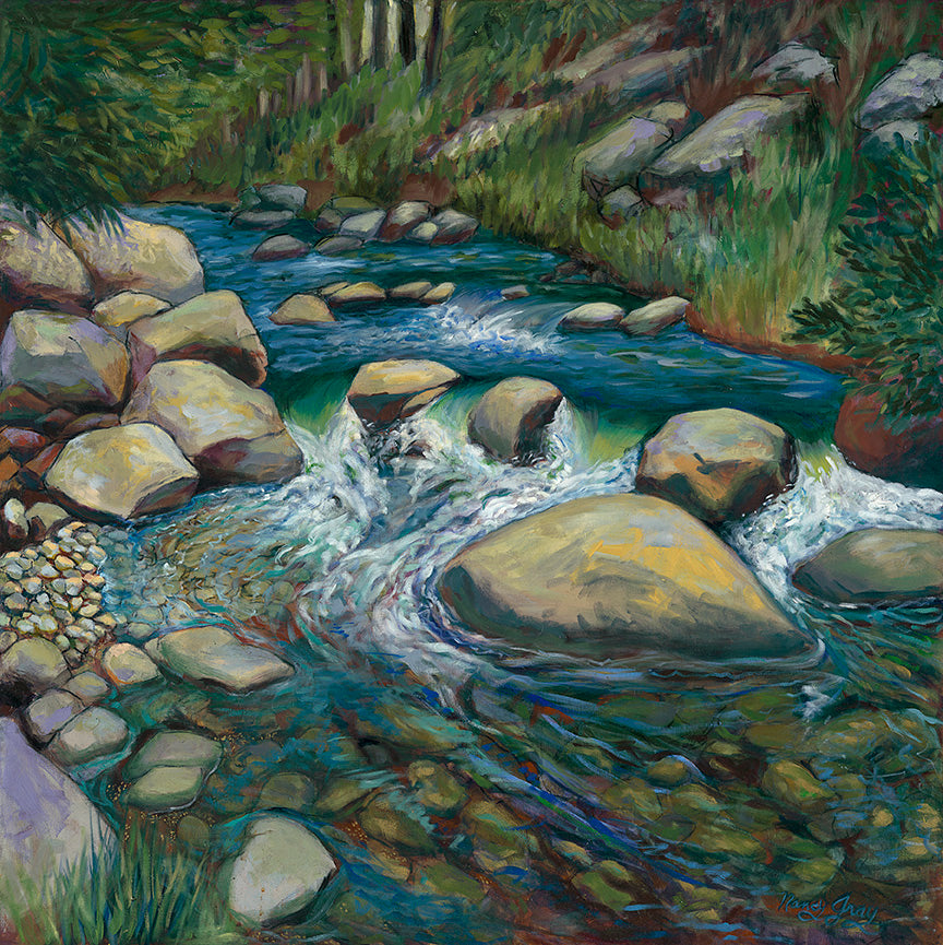 Impressionistic oil painting of the Jemez River flowing over smooth sunlit boulders in northern New Mexico. Clear blue-green water moves through a rocky mountain stream bordered by grasses, trees, and canyon vegetation in warm natural light.
