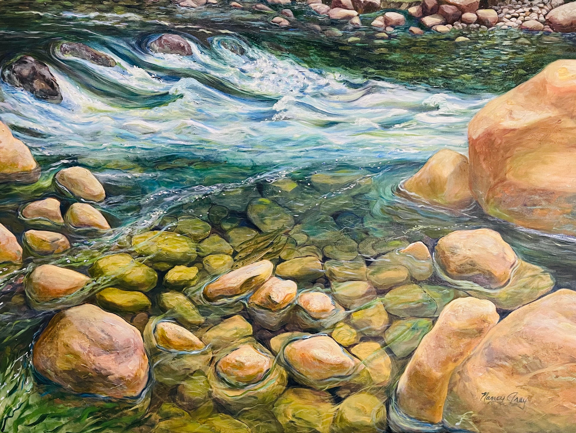 Mountain Stream Crossing by Nancy Gray, Oil on canvas painting of clear mountain river water flowing over smooth golden and green river rocks with swirling white currents and large sunlit boulders.
