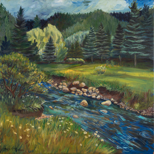 Pueblo Rio near Sipapu with sunlight on flowing stream and willows — oil on canvas by Nancy Gray.