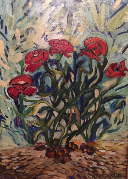 Red Poppies by Nancy Gray, oil on canvas, 18 × 24 inches. Expressive painting of vivid red poppies with flowing green stems against a soft blue and white abstract background. Private collection in Texas.