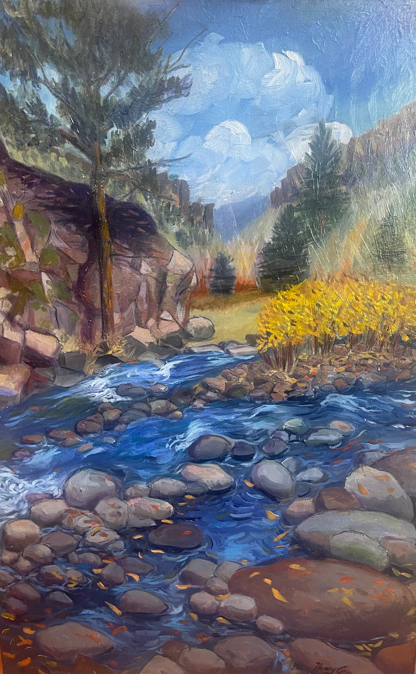 In Rio de los Pinos, light dances across the surface of moving water, revealing the subtle interplay of color, shadow, and form unique to northern New Mexico. This work continues Gray’s exploration of light as both subject and spirit — a celebration of water’s quiet resilience and its power to shape the land.
