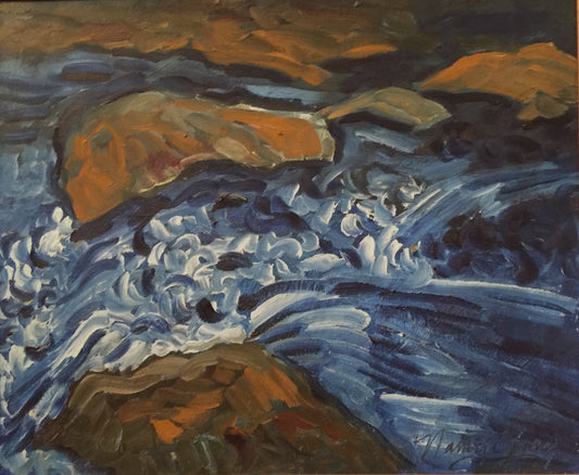 River Rocks by Nancy Gray, early oil painting on canvas, 18 × 24 inches. Expressive mountain stream with swirling blue water, white foam, and warm brown river rocks painted in an impressionistic style.