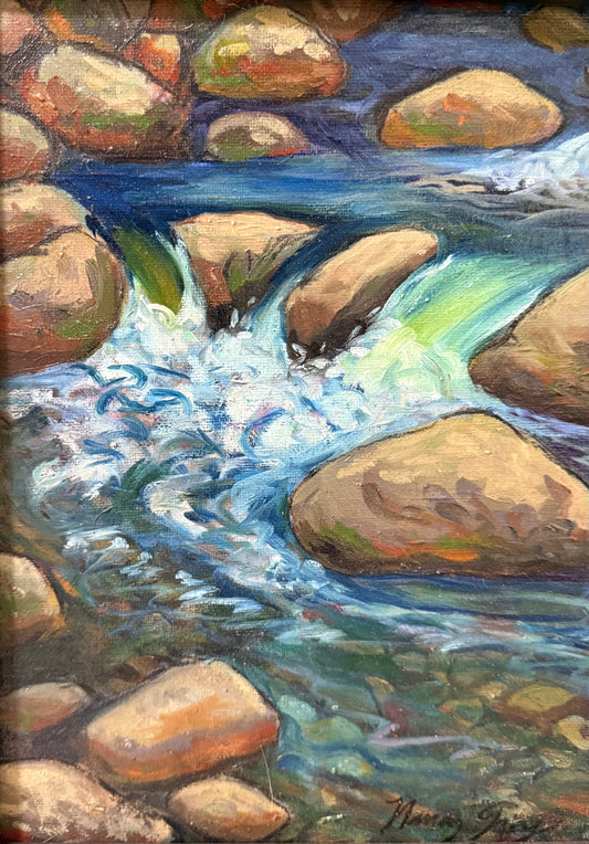 Study painting of a mountain river with clear blue water rushing between rounded tan boulders, showing swirling foam, ripples, and transparent green shallows.