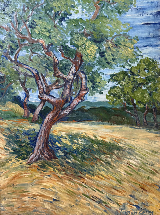 Impressionistic oil painting of twisting Texas oak tree standing in golden grassland beneath a blue sky, with expressive brushwork and long shadows stretching across the landscape.